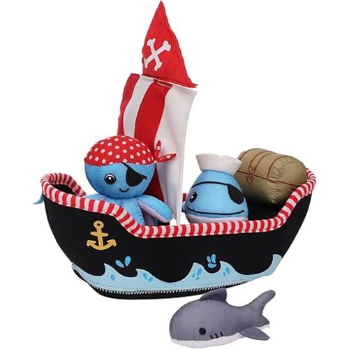 Manhattan Toy Neoprene Pirate Ship 5 Piece Floating Spill n Fill Bath Toy with Quick Dry Sponges and Squirt Toy