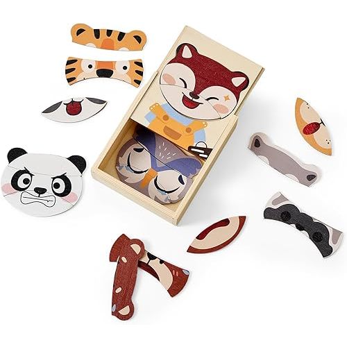 Emotion Animals Wooden Puzzle for Ages 3+, Mix-and-Match Animal Faces with Storage Box, Montessori Toy for Fine-Motor & Storytelling, Birthday