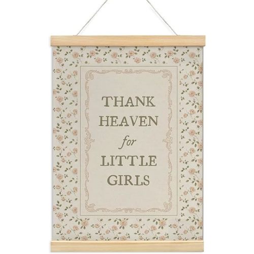 NaZaUK Vintage Nursery Decor Girl Baby Wall Art Poster Hanger Frame, Thank Heaven for Little Girls Quotes Wall Decor, Vintage Farmhouse Floral Decor Aesthetic for Nursery Bedroom Home, 12x16 Inch