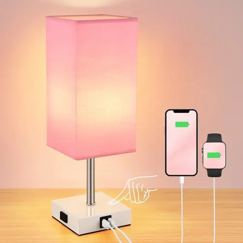 Touch Control Bedside Lamp - 3-Way Dimmable Table Lamps with USB C+A Port and Outlet, Nightstand Lamp for Bedroom Decor and Living Room,Pink