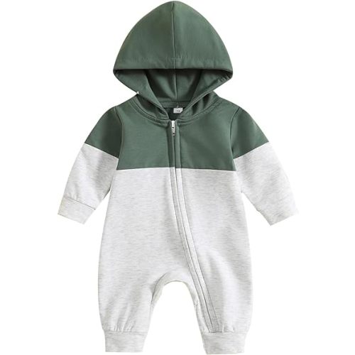 BemeyourBBs Newborn Baby Boy Clothes Color Block Long Sleeve Hooded Romper with Pocket Fall Winter One Piece Outfits - Color Block Green