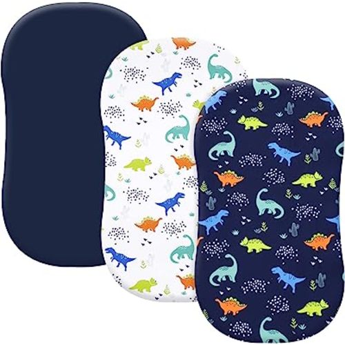 PHF 3 Pack Soft Bassinet Sheets, Dinosaur Comfy Polyester Cradle Sheets for Baby Boys Girls, Universal Fit for Most Cradle and Bassinet Mattress, Navy Dinosaur