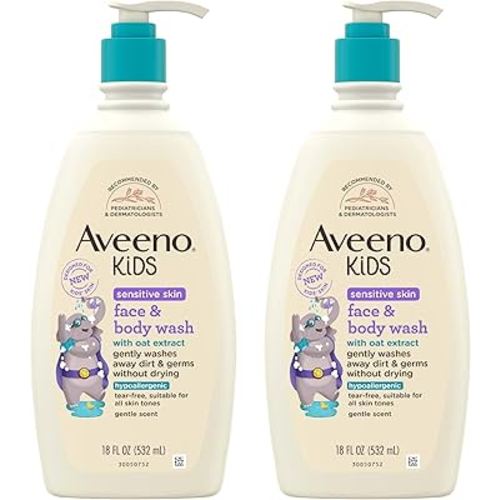 Aveeno Kids Sensitive Skin Face and Body Wash with Oat Extract, Gently Washes Away Dirt and Germs Without Drying, Tear-Free, Hypoallergenic Kids Body Wash, 18 fl. oz, 2 Pack
