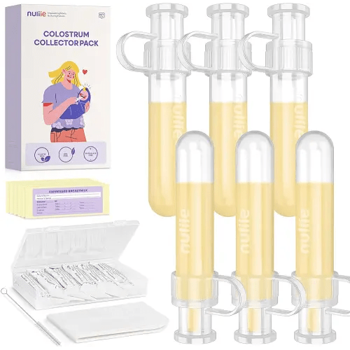 Nuliie Colostrum Collector Kit 7ml/6pcs, Leakproof, Reusable Breast Milk Collector, Heat & Freezer Resistant, BPA-Free, With Cotton Cloth Wipe, Storage Case, Cleaning Brush - Ready-to-Use for Newborns
