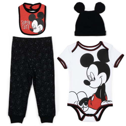 Disney Mickey Mouse Newborn Baby Boys Bodysuit Pants Bib and Hat 4 Piece Outfit Set Newborn to Infant