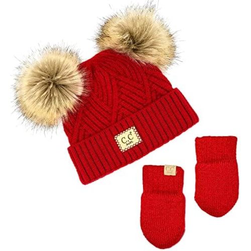 Funky Junque Baby Pom Beanie & Fleece Mittens Set - Warm Winter Essentials - Spring Colors, Classic Neutrals, Pattern Styles