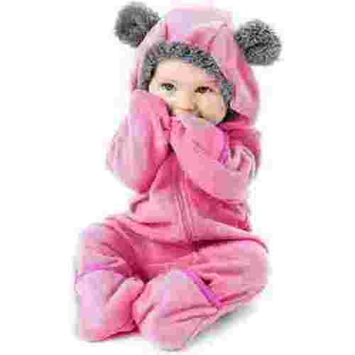 Cuddle Club One Piece Romper Hooded Fleece Onesie Jumper for Baby, Bear Pink 3-6 Mos