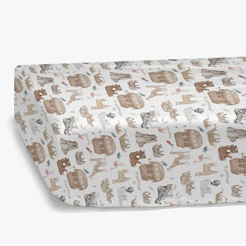 HawSkgFub Noah’s Ark Animal Boat Religious Fitted Standard Crib Sheet for Baby Boy Girl, Elephant Bear Giraffe Rhino Toddler Mattress Cover, Soft Stretchy Nursery Bed Sheets Decor Kids Gift 52" x 28"