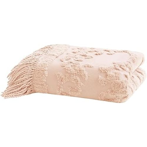 Madison Park 100% Cotton Tufted Chenille Design With Fringe Tassel Luxury Elegant Chic Lightweight, Breathable Cover, Luxe Cottage Room Décor Summer Blanket, 50" x 60", Blush