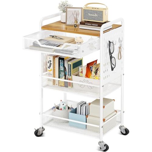 3-Tier Rolling Utility Cart with Wheels - Metal Cart with Wood Tabletop, Slide Drawer and Pegboards & Hooks, Versatile Storage Organizer Cart for Home Office Kitchen, White