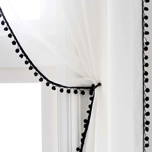 MISS SELECTEX Linen Look Pom Pom Tasseled Sheer Curtains - Rod Pocket Voile Semi-Sheer Curtains for Living and Bedroom, Set of 2 Curtain Panels (52 x 84 inch, White Sheer & Black Pom Poms)