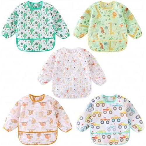 Long Sleeved Bibs, Pack of 5,Lightweight Waterproof Shirt Bibs for Baby Toddler 6-30 Months