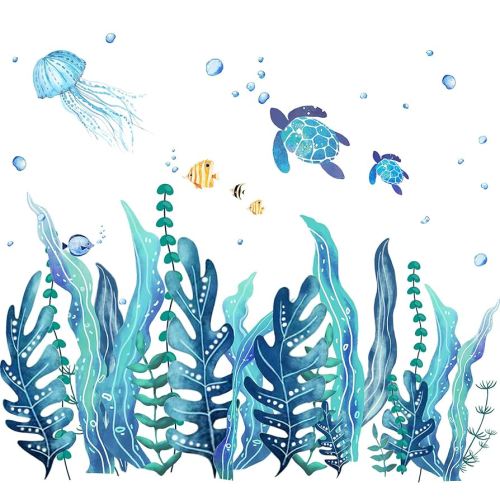 Tenare 5 Sheets Ocean Sea Turtle Wall Decals Stickers Under The Sea Stickers Grass Jellyfish Fish Removable Vinyl Decal for Bedroom Bathroom Nursery Room Wall Decor(Classic Style)