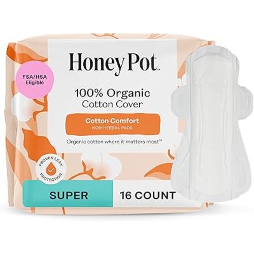 The Honey Pot Company - Sanitary Pads for Women - Non-Herbal Super w/Wings - Organic - Cotton Cover & Ultra-Absorbent Pulp Core - Feminine Care - FSA & HSA Eligible - 16 ct
