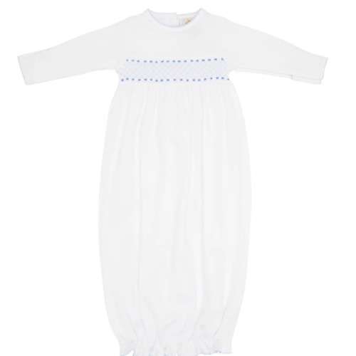 Sweetly Smocked Greeting Gown - Worth Avenue White with Buckhead Blue