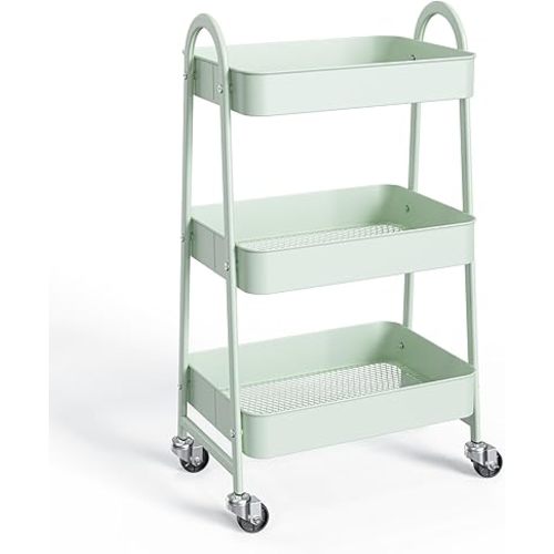 OLIXIS 3 Tier Utility Rolling Cart, Metal Mobile Storage Shelf with Lockable Caster Wheels, Organization for Livingroom, Bathroom, Kitchen, & Narrow Places, Mint