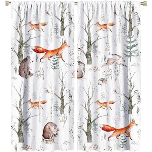 Rustic Forest Window Curtains, Watercolor Woodland Animals Owl Hedgehog Fox Butterfly Forest Squirrel and Bear Blackout Windows Door Curtain for Bedroom Living Room Home Decor 42x45in