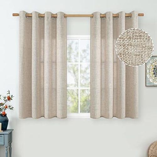 Tan Short Curtains 45 Inch Length for Small Window 2 Panels, Linen Curtains for Bedroom Light Filtering Thick Burlap Grommet Drapes Farmhouse Basement, 52 Inch Wide, Natural
