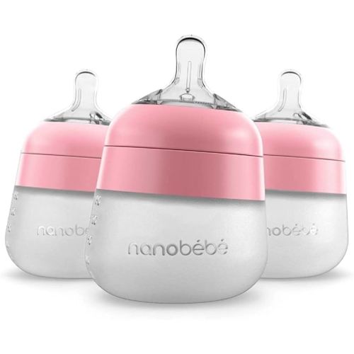 Nanobebe Flexy Silicone Baby Bottle, Anti-Colic, Natural Feel, Non-Collapsing Nipple, Non-Tip Stable Base, Easy to Clean 3-Pack, Pink, 5 oz
