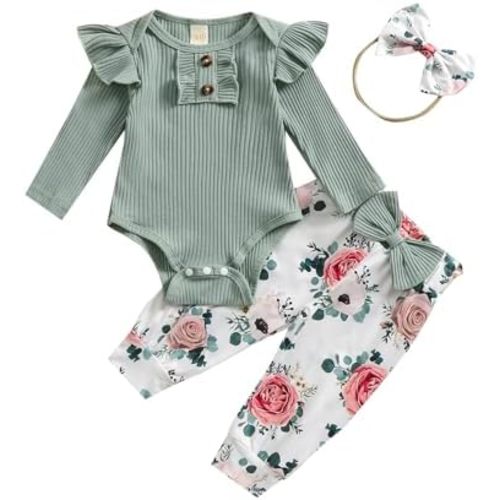 Baby Girls Clothes Ribbed Romper Bodysuit Pants Headband Set Fall Winter Outfits