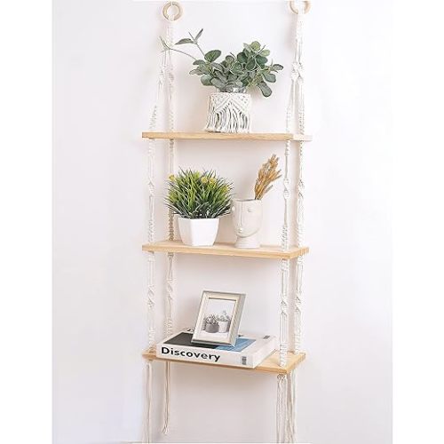 Easever Hanging Shelves Boho Room Decor, 3-Tier Wooden Plant Shelves, Macrame Wall Hanging Storage, for Apartment, Bathroom, Living Room, Bedroom