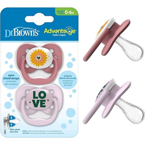 Dr. Brown's Advantage Baby Pacifier, Fully Symmetrical Soother with Soft Silicone Bulb, Lavender Love, 0-6m, BPA Free, 2 Pack