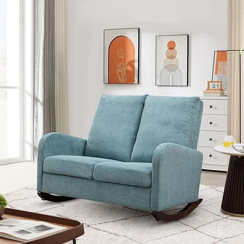 Modern Double Rocking Chair, Upholstered Oversized Glider Rocker for Baby Nursery and Kids, Loveseat Accent Armchair with High Back and Side Pocket, Extra Wide Lounge Chair for Living Room, Light Blue