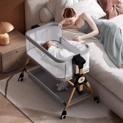 kingobabys Baby Bassinet,Bedside Bassinet for Baby, Rocking Bassinet with Storage Basket and Wheels, Adjustable 6 Heights and All Mesh Sides,Portable Baby Bassinets Bedside Sleeper for Newborn Infant