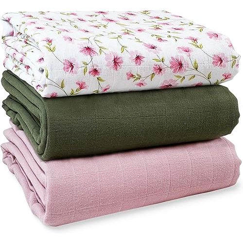 MOZAH Swaddle Blanket – 3-Pack Adjustable Sleep Sack for Newborns, Small 0-3 Months, Pink, Olive, Pink Leaves