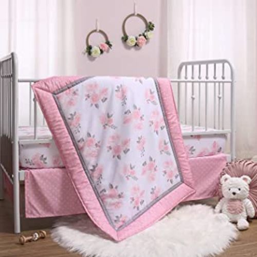 Amazon.com: The Peanutshell Pink Floral Crib Bedding Set for Baby Girls - 3 Piece Nursery Collection - Crib Comforter, Fitted Crib Sheet, Dust Ruffle : Baby