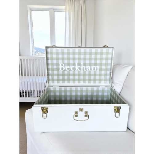 Baby Boy Keepsake Trunk Toy Chest with Name Newborn First Christmas Heirloom Memory Box Personalized Sage Gingham Nursery Decor Green Room