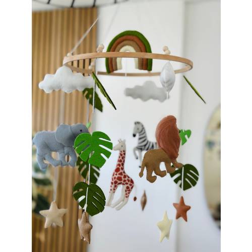Baby Mobile Crib Safari Animals Jungle Nursery Neutral Decor Felt Giraffe Zebra Elephant Lion Monstera Rainbow Stars by Petite Bee