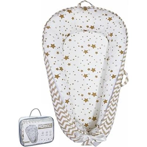 Aila + Aiden Baby Lounger | Organic Cotton Infant Lounger | Reversible, Adjustable & Portable Floor Lounger |Supervised Use | Soft, Breathable, Washable Cover - Star Collection (White/Tan)