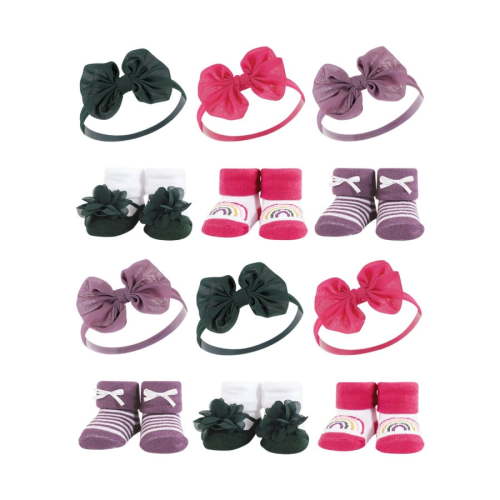Hudson Baby Infant Girl 12Pc Headband and Socks Giftset, Green Purple, One Size