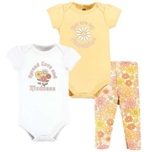 Hudson Baby Infant Girl Cotton Bodysuit And Pant Set, Peace Love Flowers Short Sleeve, 3-6 months