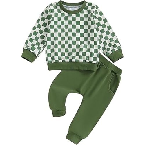 Toddler Baby Boy Girl Outfit Checkerboard Plaid Sweatshirt Pullover Tops Jogger Pants Fall Winter Clothing Set