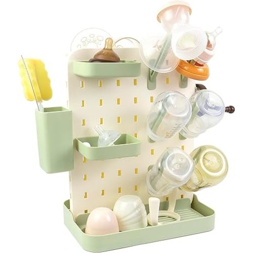 Baby Bottle Drying Rack Space Saving Countertop Vertical Rack with Brushes Holder (Green)