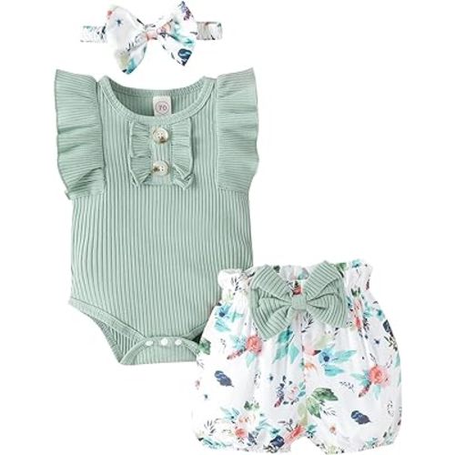 Newborn Baby Girl Clothes Outfits Ruffle Romper and Short Pant Sets with Headband Infant Bodysuits