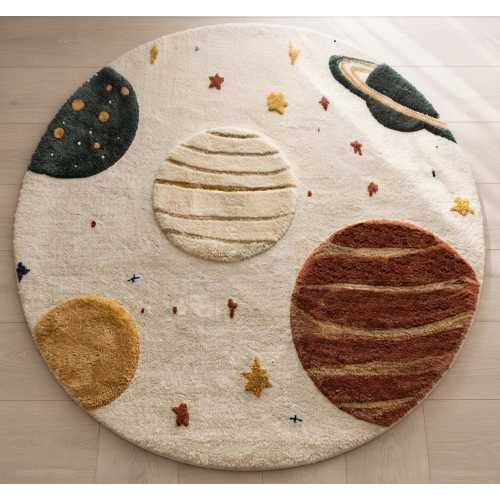Handmade Tufted Space Planet Round Rug, Celestial Nursery Playroom Carpet