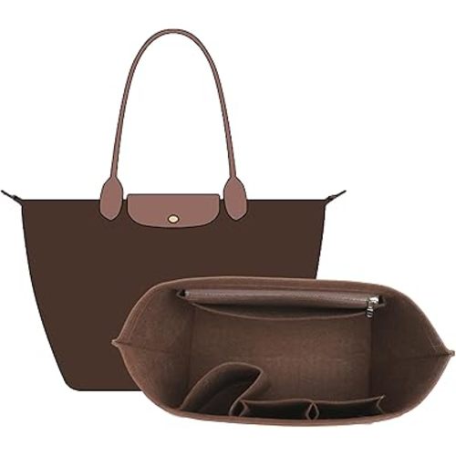 Premium Felt Purse Organizer Insert Compatible with Longchamp Le Pliage Large and More, Zipper Long Champ Bag Organizer Insert with Cup Holder, 8 Compartments (Brown,L)