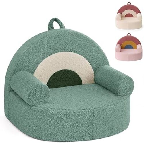 Blissful Diary Toddler Chair Comfy, Foam Kids Chair with Soft Teddy Plush, Toddler Reading Armchair with Cute Rainbow Designs- Sage Green