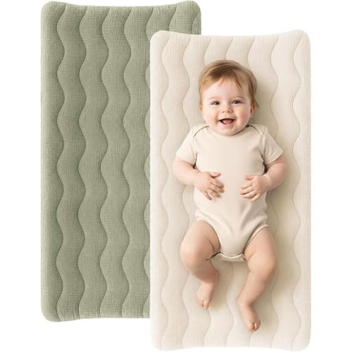 Konssy Waterproof Muslin Changing Pad Cover 2 Pack, 100% Cotton Quilted Diaper Changing Table Sheets, Soft Breathable Boho Nursery Bedding for Baby, Silent & Absorbent Standard Fit (Fog Green,Cream)