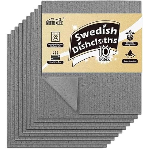 HOMEXCEL Swedish Dishcloths for Kitchen 10 Pack, Sponge Dish Cloth for Counters & Washing Dishes, Reusable and Absorbent Paper Towels, Grey