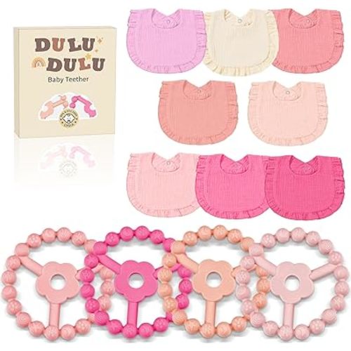 4pcs Silicone Teether Toys with 8pcs Muslin Bibs, Teething Rings for Babies 0-6 6-12 Months Easy to Hold Newborn Baby Teethers Boy Relief Soothe Baby's Gums