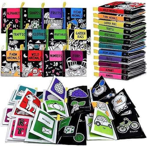 OKOOKO Soft Baby Books Black and White High Contrast 12PCS Soft Cloth Books Bath Books Crinkle Washable Non-Toxic Early Education Preschool Learning Toy for Newborns Babies Infants Toddlers Kids