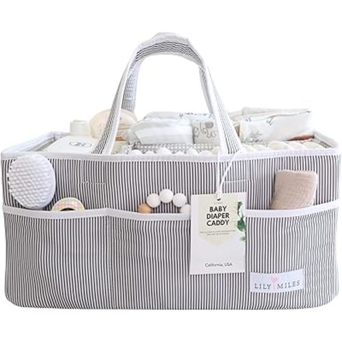 Lily Miles Baby Diaper Caddy Organizer - Baby Shower Basket for Newborn Boys or Girls - Nursery Must Haves for New Mom - Baby Registry Favorites - Large Storage Tote for Changing Table or Car, Gray