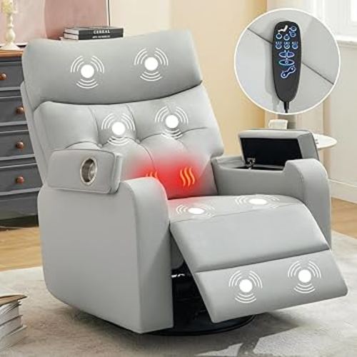 Power Swivel Rocking Recliner with Massage & Heat, PU Leather Rocker Reclining with Type-C Port & Timing, Oversized Swivel Glider Recliner with Dual Storage Arms & Cup Holder, Grey