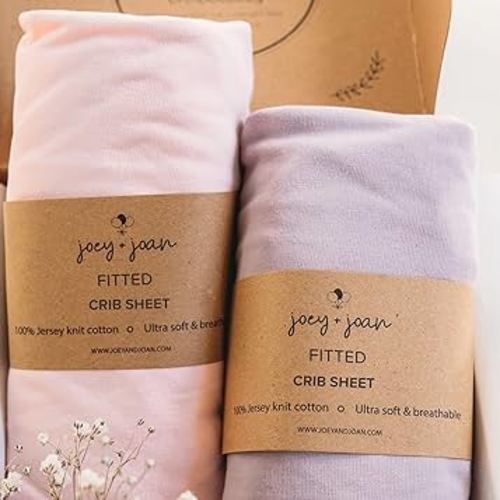 Joey + Joan Fitted Crib Sheets 28 x 52 – Compatible with Standard Crib Mattress and Toddler Bed – 100% Jersey Cotton – Pale Pink + Lilac – 2 Pack