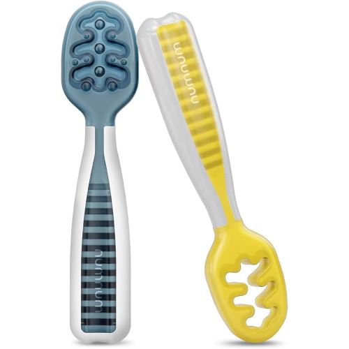 NumNum Baby Spoons Set, Baby Essentials Pre-Spoon GOOtensils for 6+ Months, First Stage Self-Feeding Spoons for Baby Led Weaning (BLW), Silicone Toddler Utensils, BPA-Free, 2 Pack Blue/Yellow