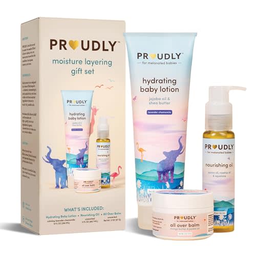 PROUDLY Moisture Layering Gift Set by Gabrielle Union & Dwyane Wade, Baby Lotion, Baby Oil & All Over Balm, Black & Brown Babies & Dry, Sensitive Skin